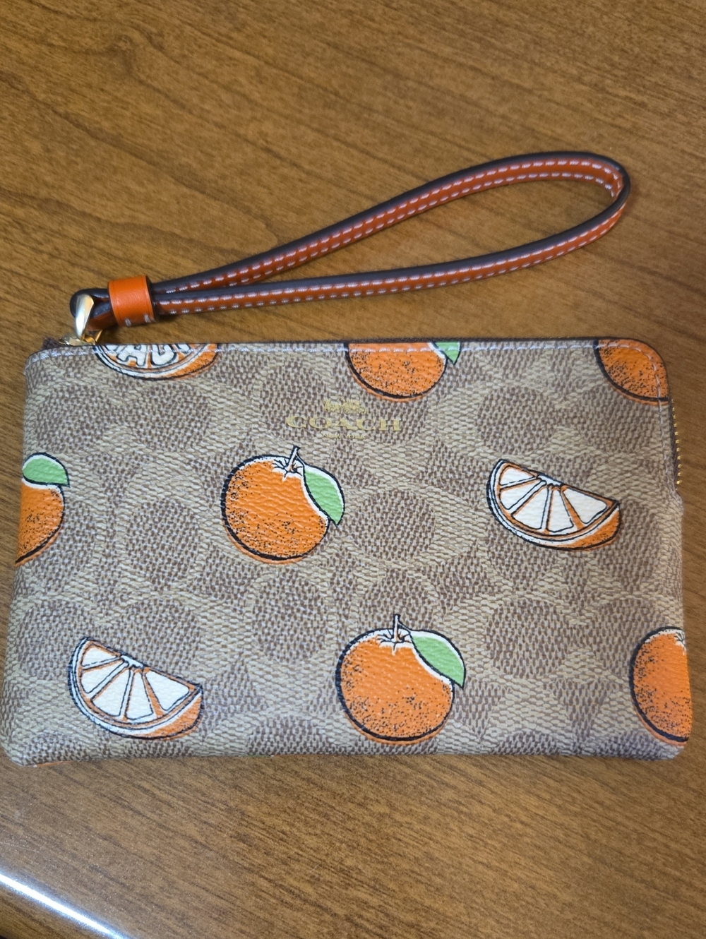Coach Corner Zip Wristlet In Signature Canvas With Orange Print - Picture 4 of 7